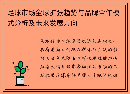 足球市场全球扩张趋势与品牌合作模式分析及未来发展方向 足球市场全球扩张趋势与品牌合作模式分析及未来发展方向