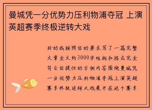 曼城凭一分优势力压利物浦夺冠 上演英超赛季终极逆转大戏