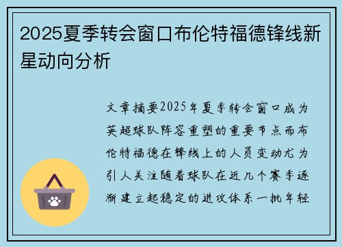 2025夏季转会窗口布伦特福德锋线新星动向分析