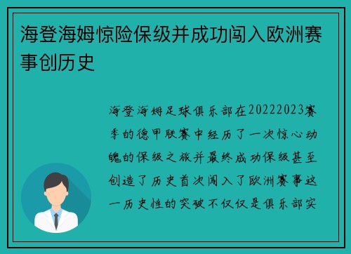 海登海姆惊险保级并成功闯入欧洲赛事创历史
