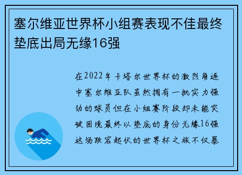 塞尔维亚世界杯小组赛表现不佳最终垫底出局无缘16强